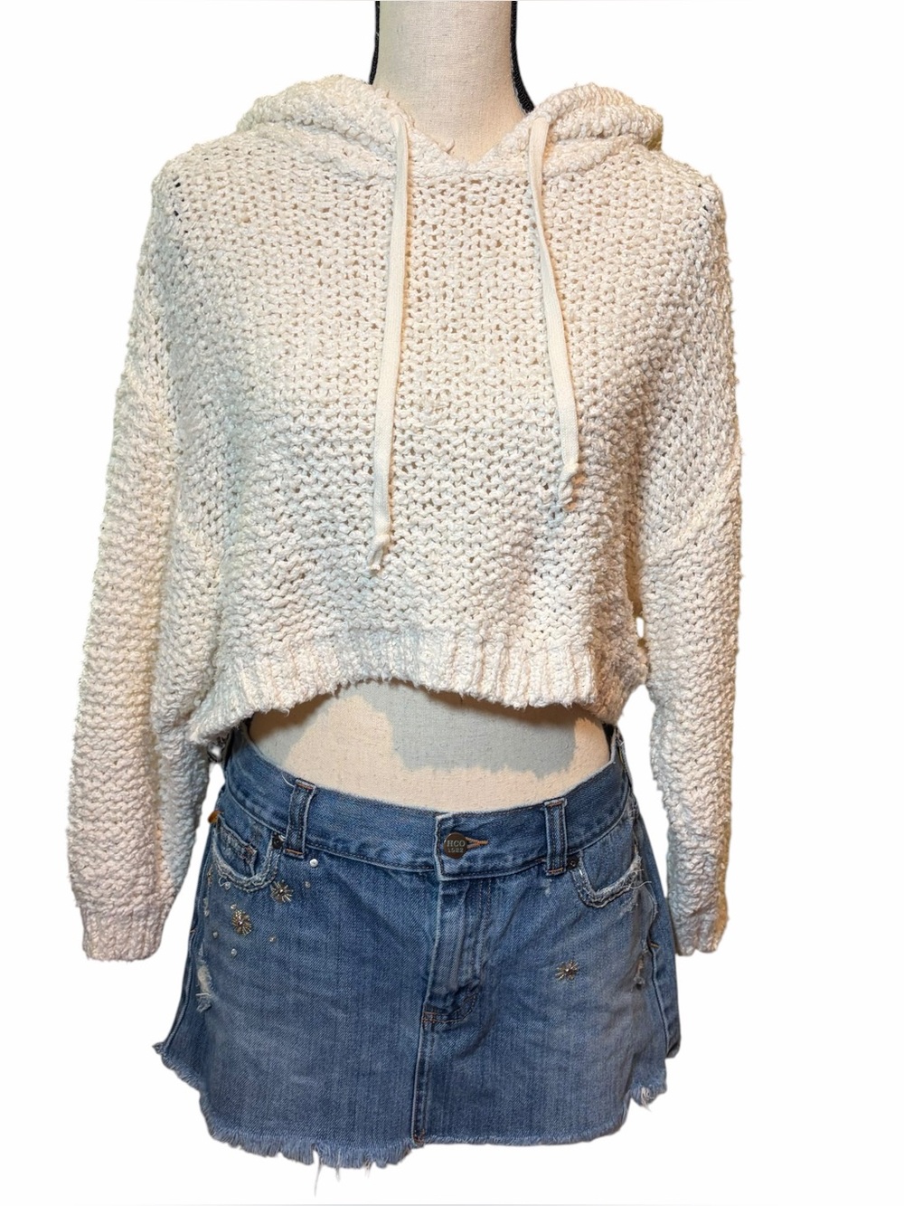 Pilcro Cream Cropped Hooded Sweater
